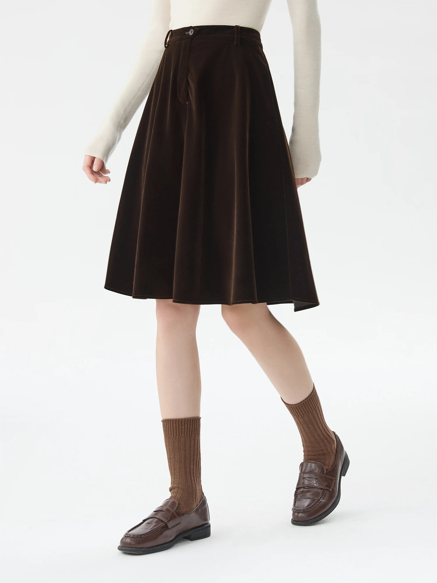 FSLE Women Winter Brown Skirts Retro Velvet Knee-Length Female