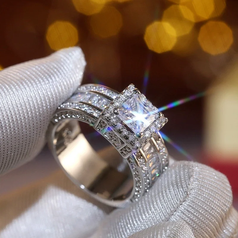 Women Men Ring Inlaid Zircon Stones Wedding Engagement Jewelry