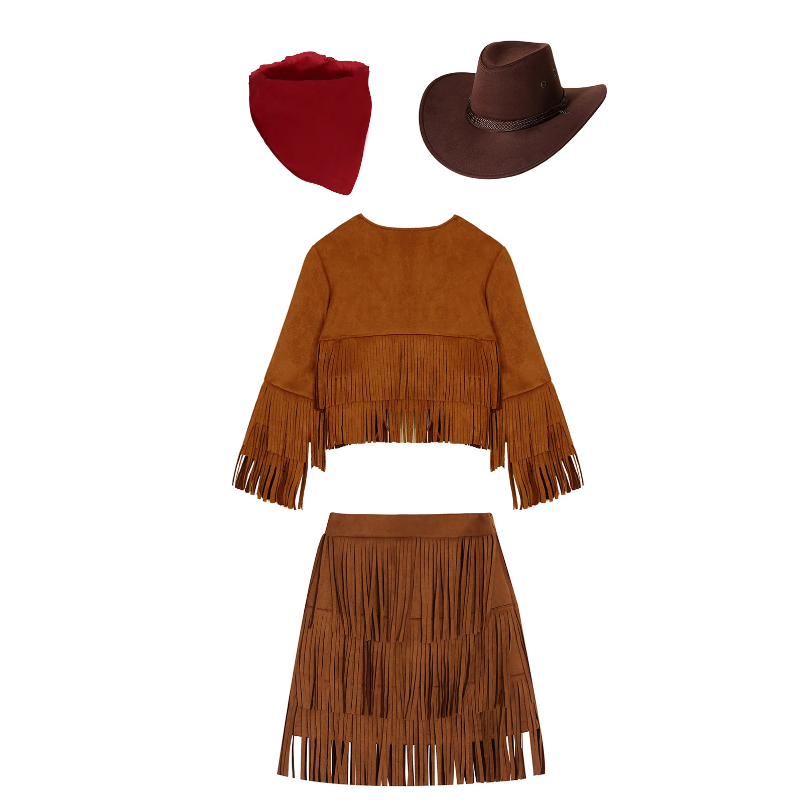 Cosplay Costume Girls Western Cowboy Cowgirl Costume Long Sleeve Tassels Fringe Jacket Coat with Tiered Skirt and Bandanna Carnival Dress Up