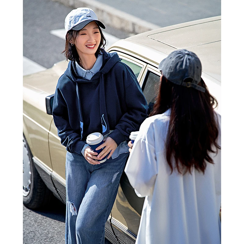 Toyouth Women Fleece Hooded Sweatshirt 2022 Winter Long Sleeve Loose Hoodie Cat Embroidery Warm Casual Streetwear Pullover