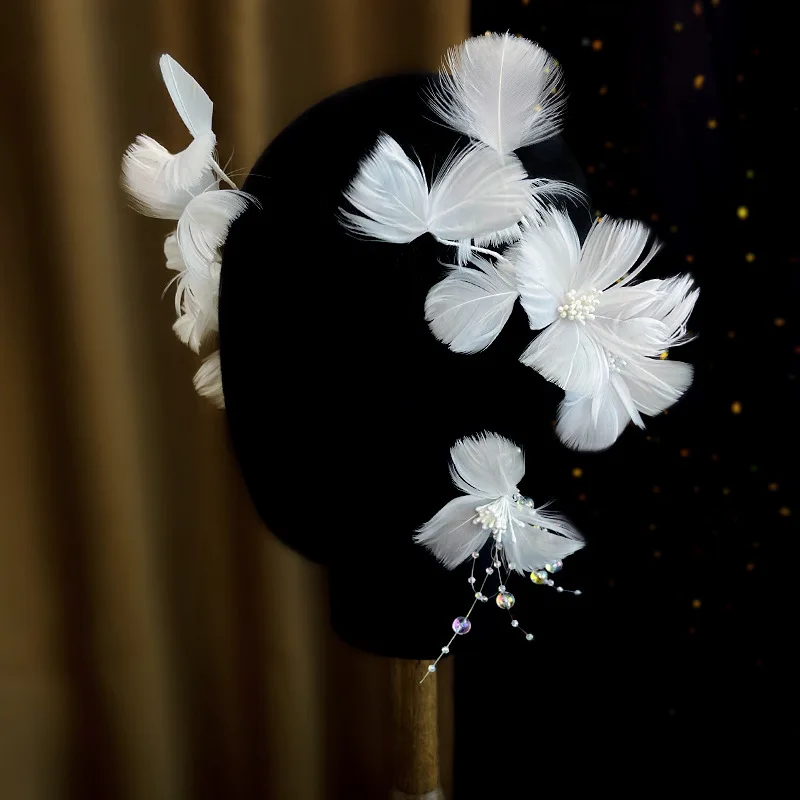 

Korean Feather Hairpin Set New Fairy Princess Style Bridal Crystal Pearl Edge Clip Hair Accessories