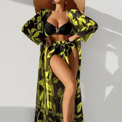 3 Pcs/Set Women Bikini Cardigan Set Long Sleeve Cover-up Soft Quick Dry Bra Panties Swimsuit Set Beachwear Water Sports Clothes