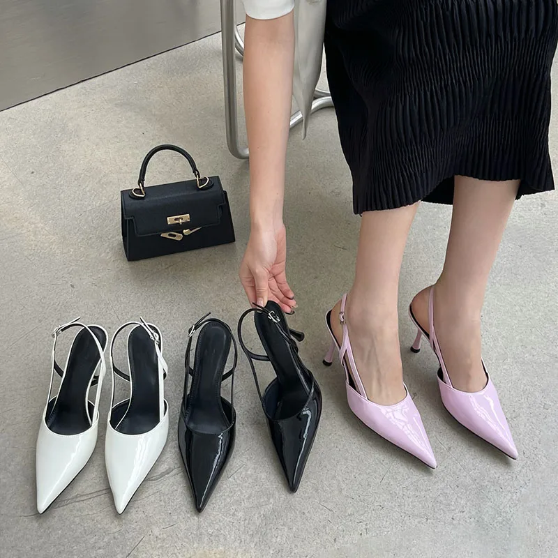 

Spring New Brand Women Sandal Fashion Pointed Toe Shallow Slip On Ladies Mules Thin High Heel Outdoor Slingback Black Shoes