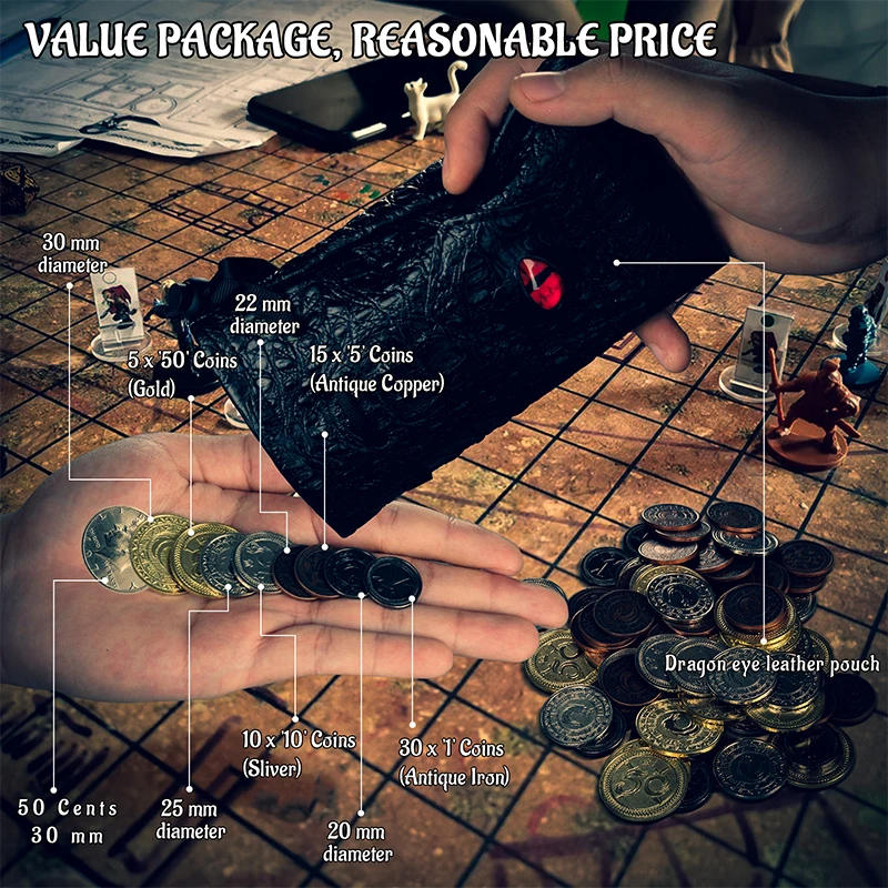 Set di 60 monete in metallo DND con custodia in pelle - gettoni da gioco, tesoro dei pirati, accessori e oggetti di scena per giochi da tavolo - immagine 5