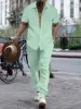 2024 Summer Thin Men's Casual Lapel Solid Color Micro Stretch Shirt Loose Striped Short Sleeve Pants Beach Suit 5