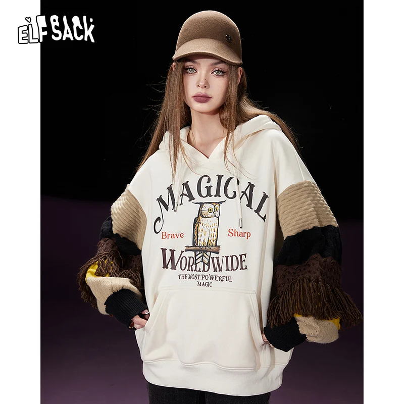 ELFSACK Fleece Spliced Hoodies Women 2023 Winter Special Design Knitted Long Sleeve Casual Tops