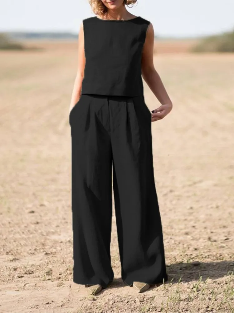 【2plan】Solid one-tuck wide cotton pants Himosyber Women Cotton Pants Wide Leg Pants Casual Loose
