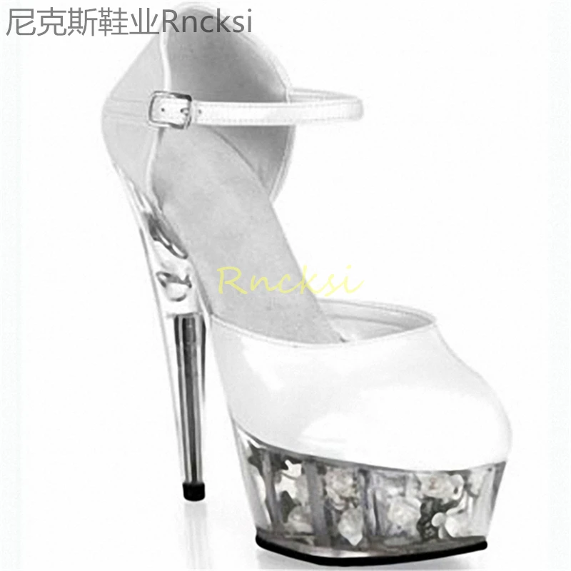 

15cm High-heeled women's new stiletto temperament single shoes with toe leakage rose bottom fashion white