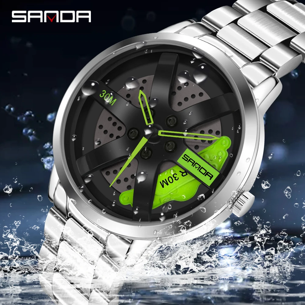 SANDA Men Rim Hub Watch Custom Design Sports Car Watch Stainless Mesh Racing Wheel Rim Hub Quartz Watch Man WaterproofRelogio new boys running shoes autumn models leather waterproof children s sneakers boys big kids shoes mesh breathabl sports sneakers