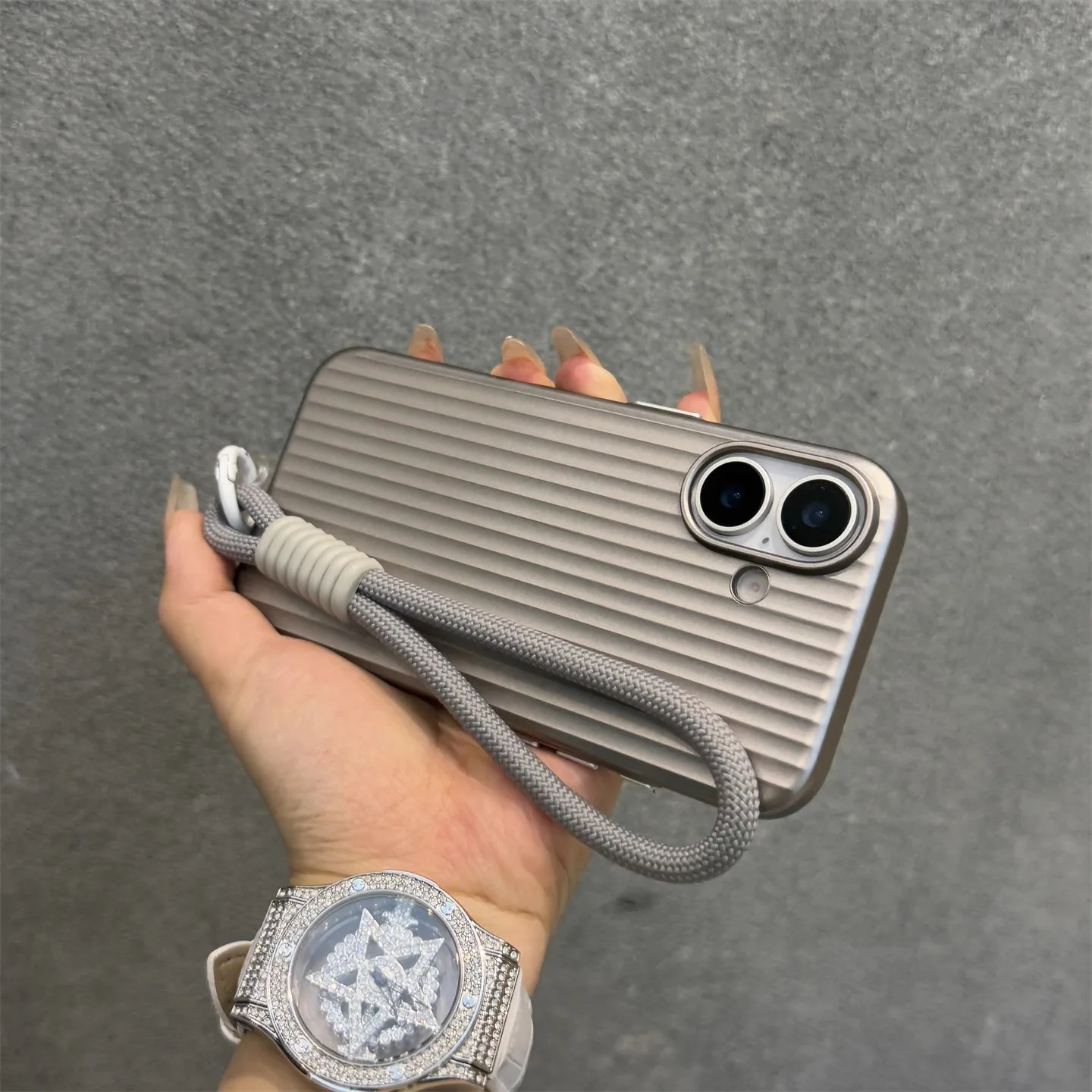 Luxury Titanium Gray Lanyard Phone Case with Metal Buttons and Grating Design
