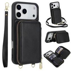 Elegant Zipper Leather Wallet Phone Case with Long Lanyard & Card Slots - iPhone 16 (Black)