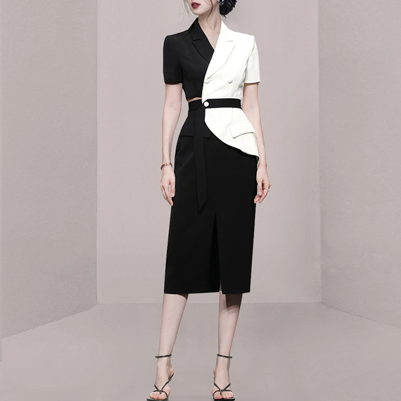 

Костюм женский летний из 2 предметов, элегантный укороченный пиджак и юбка-карандаш в Корейском стиле, цвет черный/белый