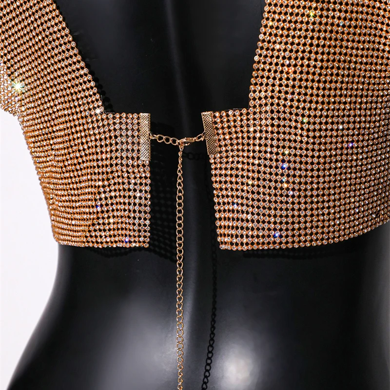 2025 sommer Diamant Metall Weste Tank Tops Frauen Sexy Oberbekleidung Strass Backless Tanks & Camis Weibliche Straße Crop Top Schmuck – Detail 12