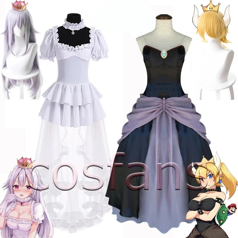 

2020 Bowsette Cosplay Costume Bowsette Cosplay Princess Koopa White Costume Women Long Dress Ball Gown Retro Medieval Dress