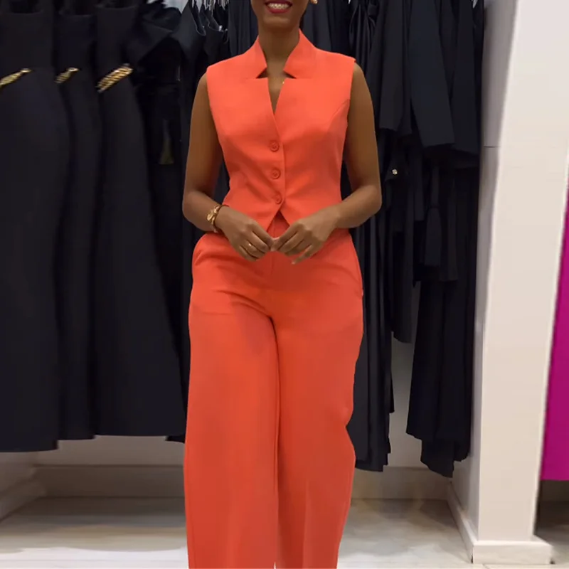 Women's 2024 summer new fashion stand-up collar sleeveless vest high waist trousers casual suit