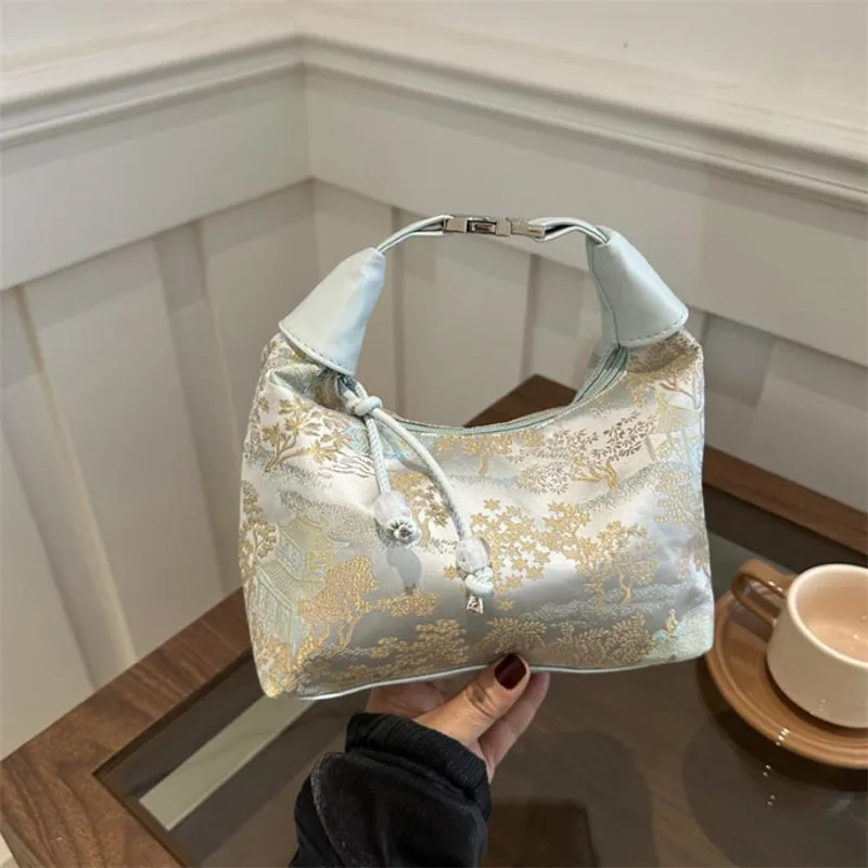 Sweet Embroidery Shoulder Bag Elegant Flower Pearl Pendant Crossbody Bag Small Bucket Handbag Ladies Luxury Design Cheongsam Bag
