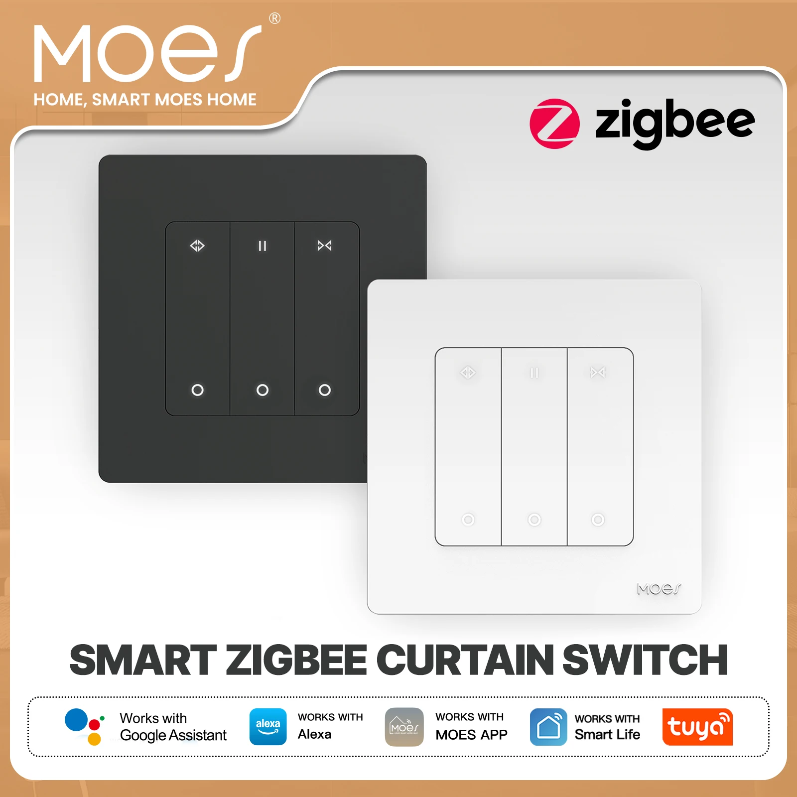 สวิตช์ม่านวงแหวน MOES ZigBee สำหรับมอเตอร์ม่านม้วนไฟฟ้า ควบคุมผ่าน Smart Life, Alexa และ Google Home 1