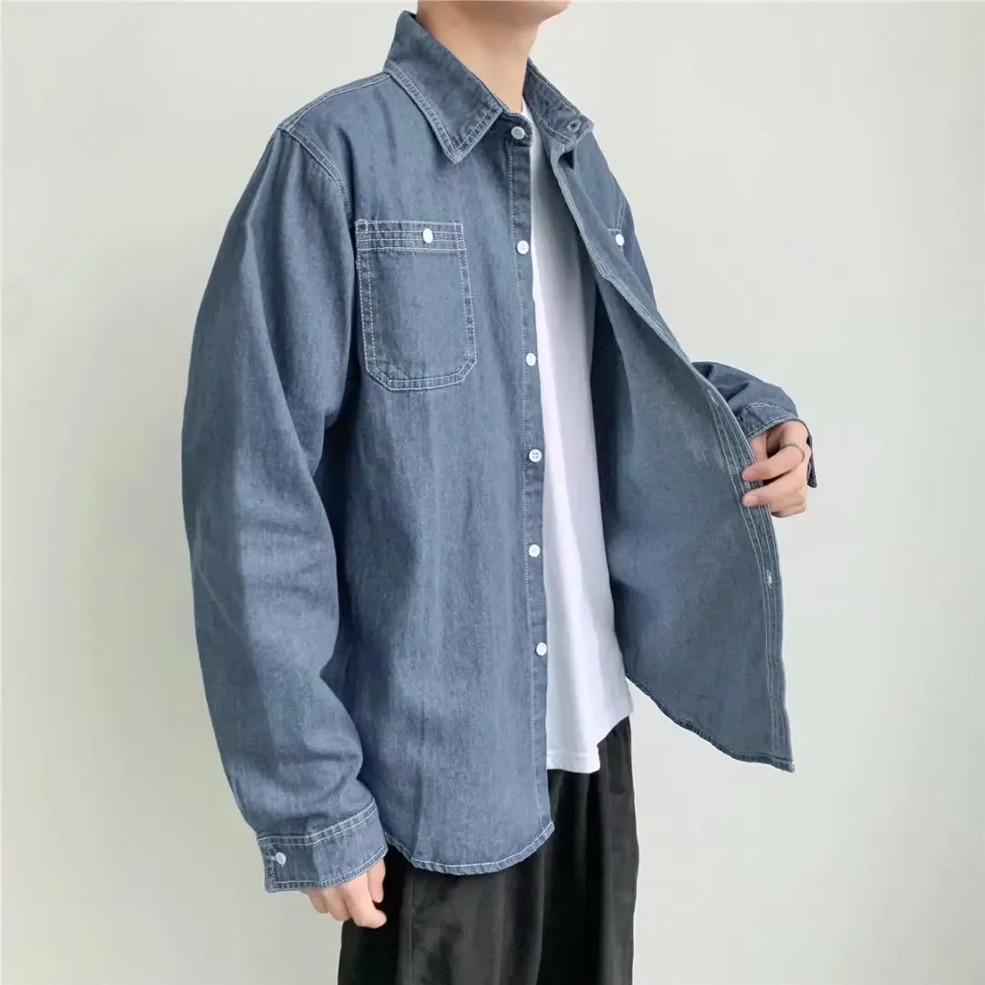 Casual Long Sleeve Men's Denim Shirt Spring Autumn Korean Style Fashionable Blue Casual Outerwear for Men Handsome