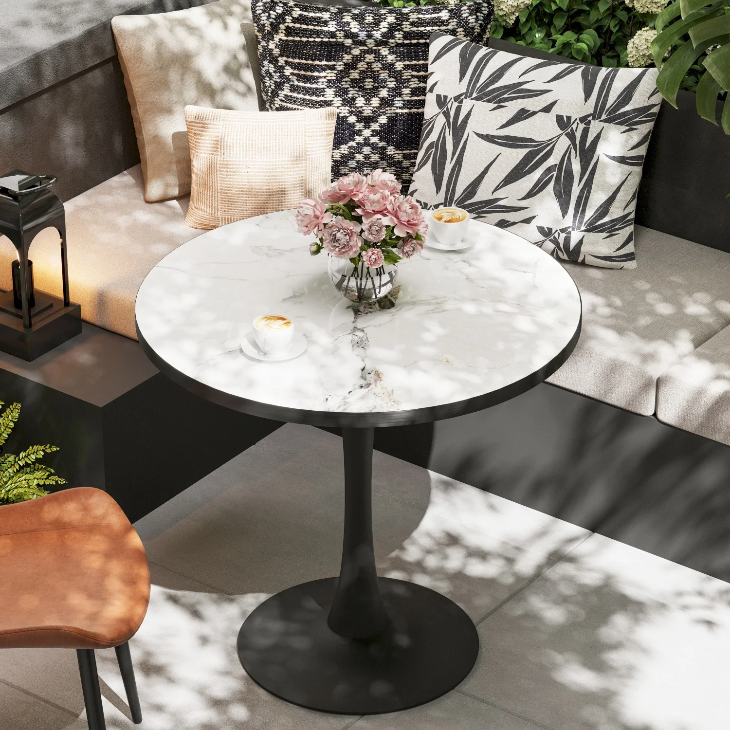 Leisure Round Dining Table Dining Room Circle Dinner Pedestal Table Furniture Coffee Table for 2-3 People No Chairs Stone Top