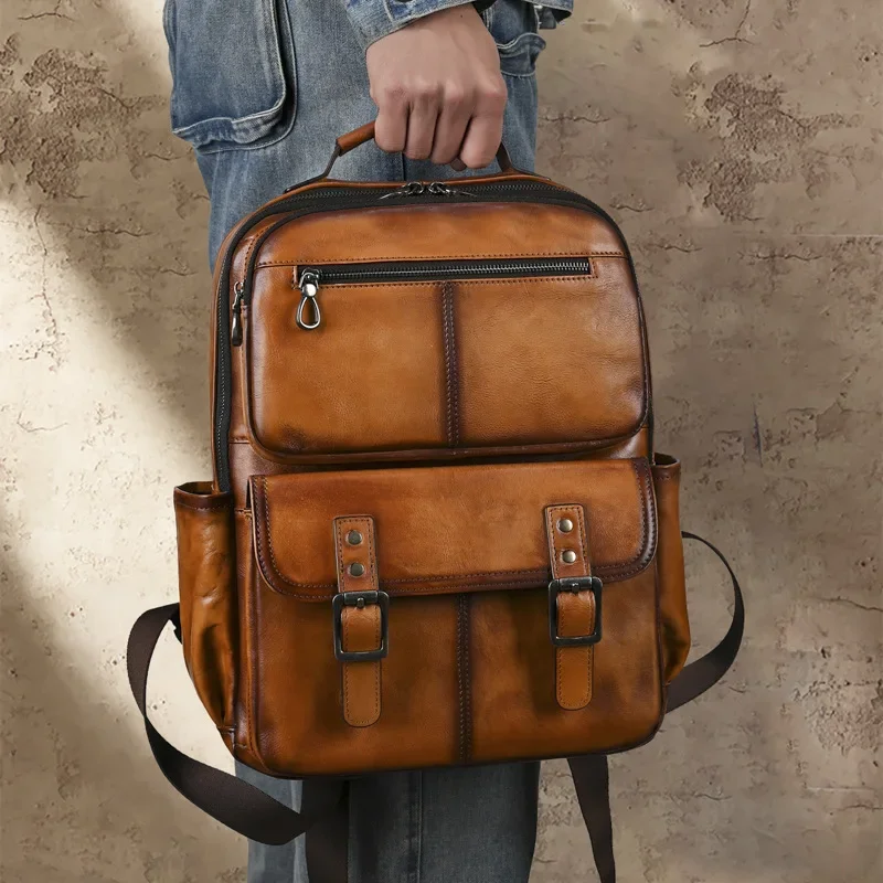 Retro Unisex Genuine Leather Handcrafted Backpack with Vintage Fading Effect