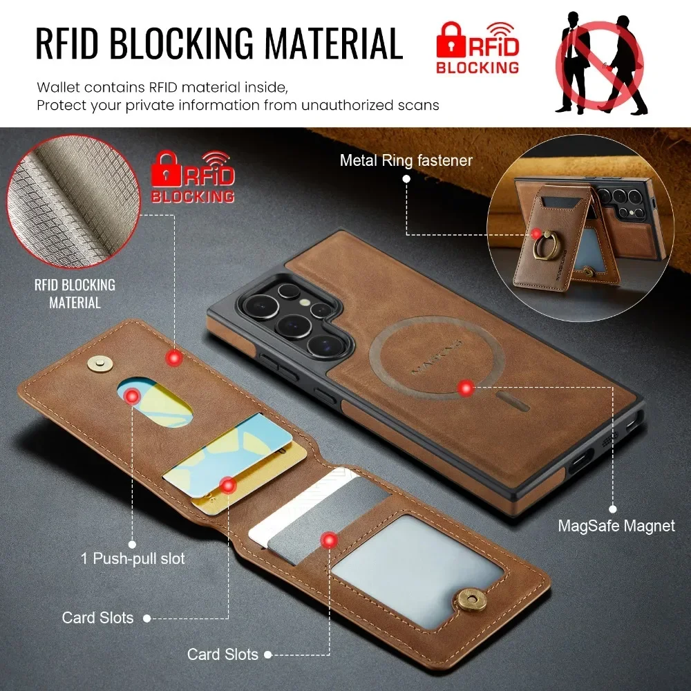 Detachable Magnetic Leather Wallet with Card Holder and Ring Cover