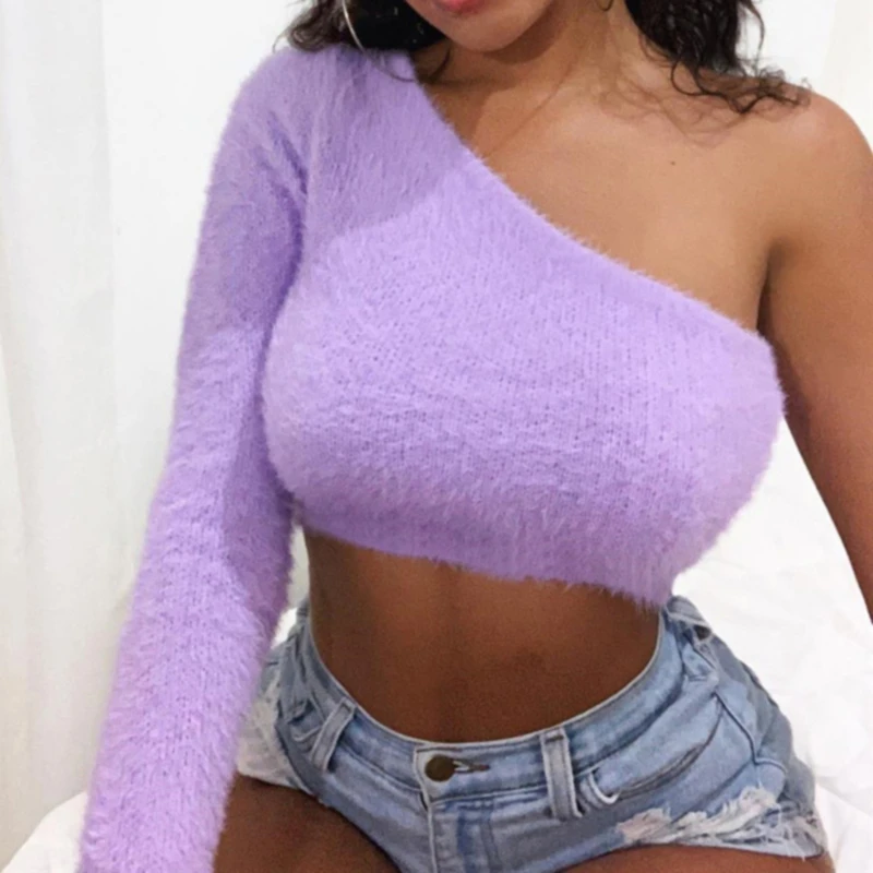 

Sexy One Shoulder Cropped Tops For Women Asymmetrical T Shirt Women Purple Womens Tshirts Casual Long Sleeve Crop Top Tank Tops