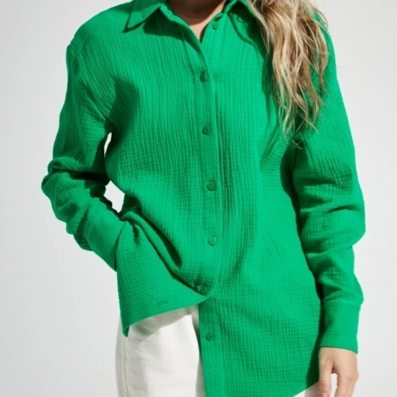 

Y2K 2023 Women's Spring Summer 100% Cotton T Shirts Office Lady Fashionable Solid Lady Long Sleeve Loose Crop Tops Crepe Shirts