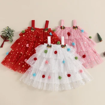Citgeett Summer Christmas Kids Girl Dress Print Sleeveless Layered Tulle Dress Plush Ball Hat Xmas Clothes 2