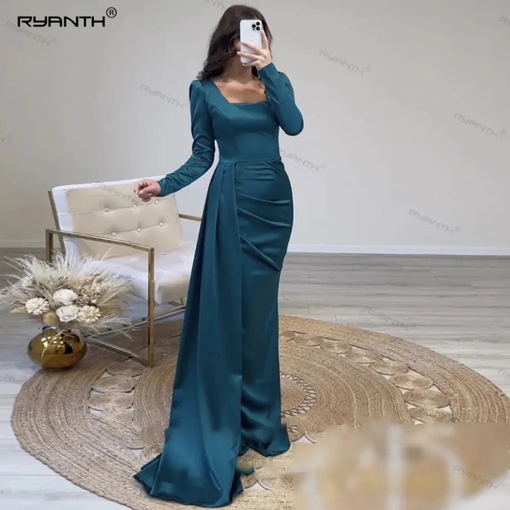 

Ryanth Celebrity Dress Formal Women's Evening Dress Long Sleeves Dubai Satin Mermaid Party Prom Gown Square Neck robe de soirée