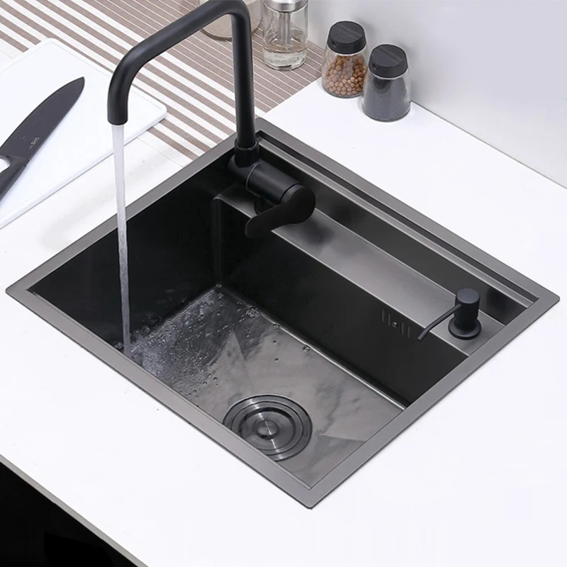 Nanometer Black Double Cover hidden kitchen Sink 304 Stainless Steel Handmade Brushed Single kitchen Sink 5