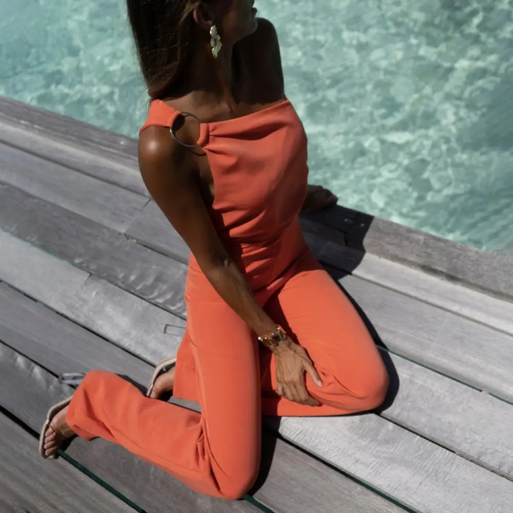 Summer Romper Full Length Close-fitting Big Hoop Decor Sleeveless Oblique Neck Women Jumpsuit Prom Jumpsuit Solid Color