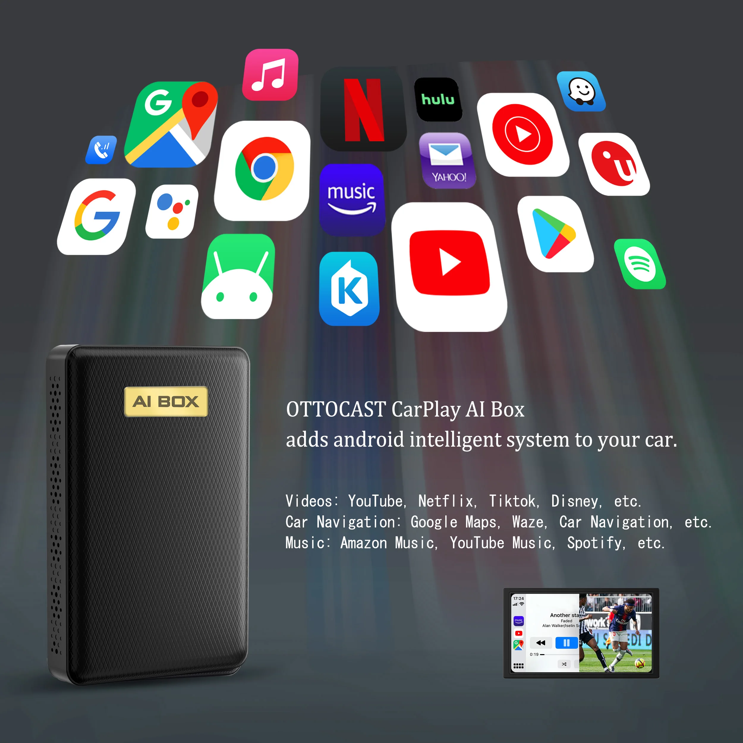 OTTOCAST Play2Video Wireless Android Auto CarPlay Adapter for   Netflix Video Player TV Box Spotify Car Accessories