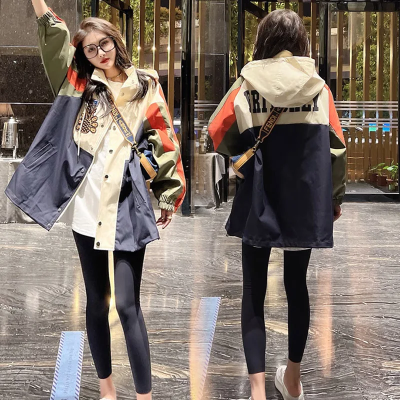 

Butemoda 2022 Autumn Embroidered Stormsuit Patchwork Contrast Color Outdoor Sports Casual Loose Hoodie waterproof Jacket