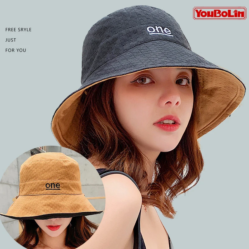 Womens ‘ONE‘ Letter Embroidery Double-Sided Cotton Bucket Hat S11704f77b2e24bd6bcc9af09a1dbb4bcg