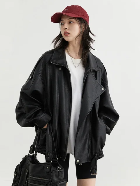 CHIC VEN Female PU Jacket Solid Loose New Retro Standing Collar Motorcycle Faux Leather Coat Female Top Spring Autumn 2026 2