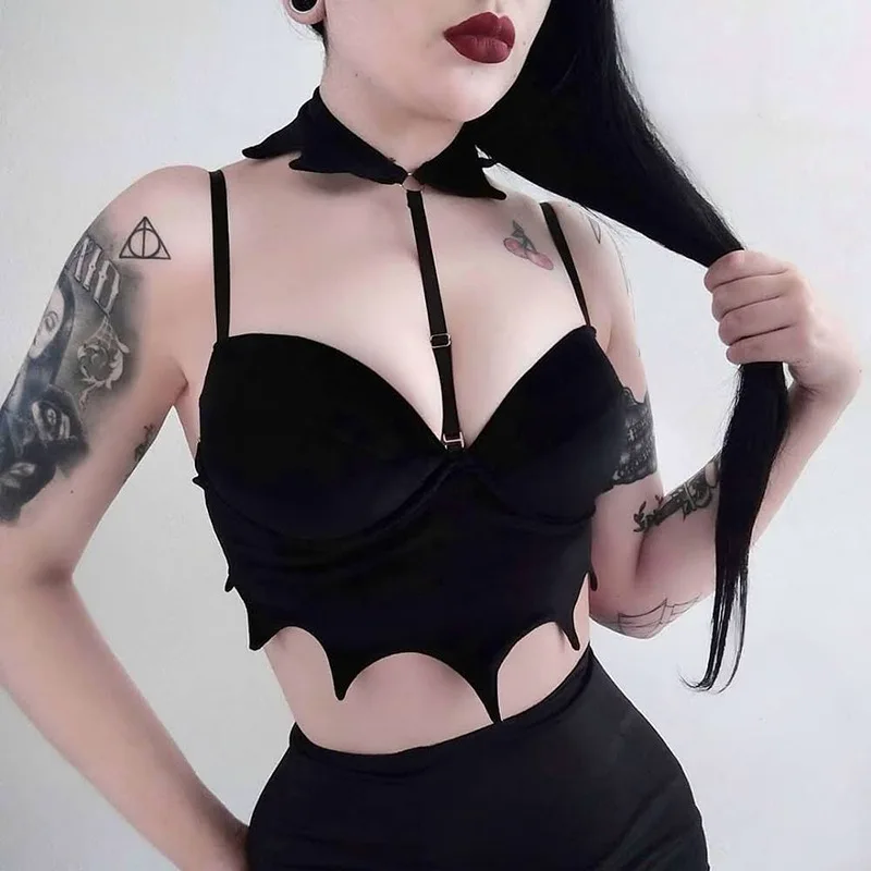 Goth Dark Velvet Women Sexy Bat Shape Halter Camis Mall Gothic Aesthetic Black Grunge Crop Tops Alternative Bodycon Backless Top cotton camisole