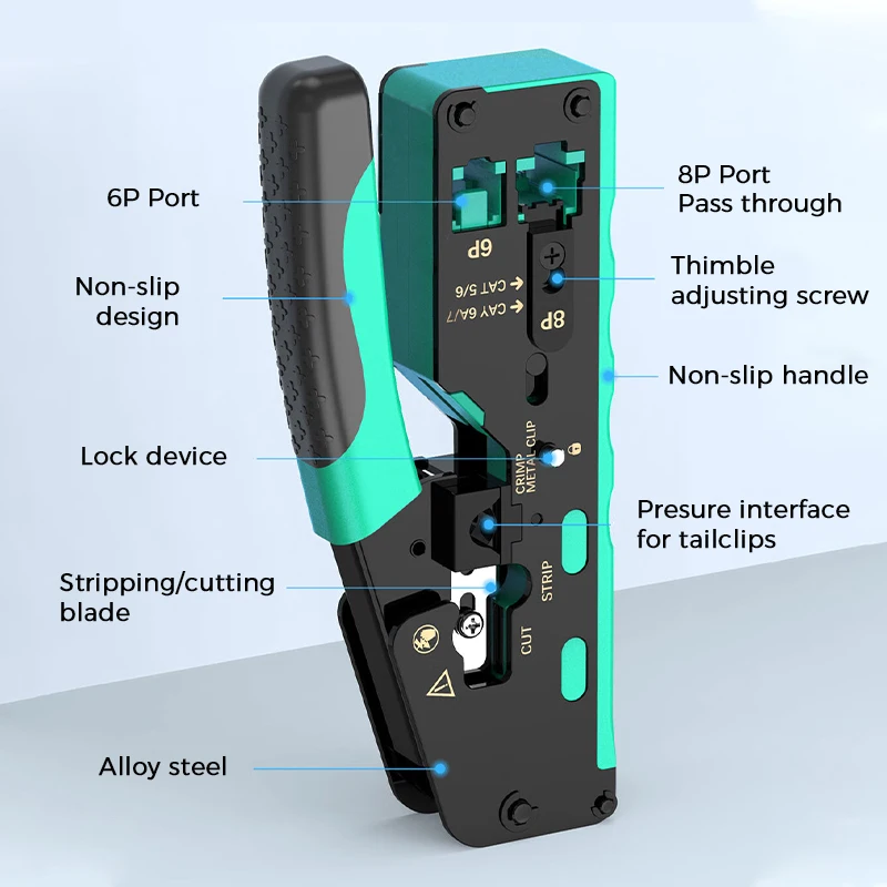 Zoerax Ethernet Cabo Crimper Rj45 Crimping Tool Pass Through Grau Profissional Cat7 Cat6a Cat6 Cat5e Cat5 Plugs Modulares - Imagem 3