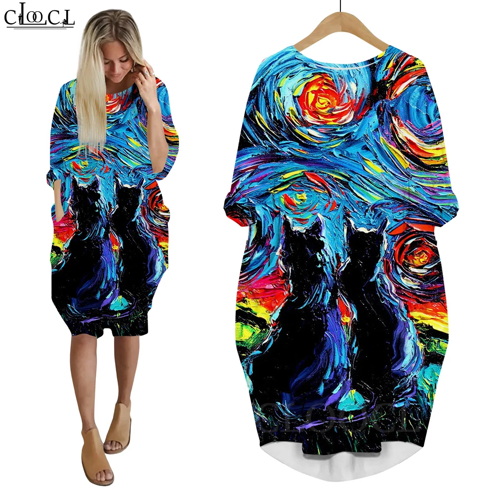 

CLOOCL Fashion Women's Dress Van Gogh's Starry Sky and Couple Black Cats Art Painting 3D Printing Dress Long Sleeve Mid Dress