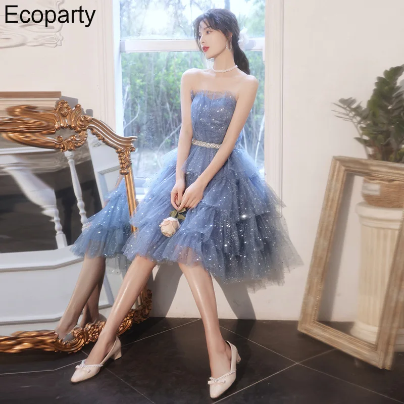 

2022 Women French Elegant Princess Evening Dress Blue Sexy Strapless Midi Dress Lady Fashion Temperament Banquet Evening Gown