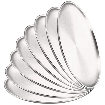 8Pcs Metal Dining Dish Stainless Steel Round Plate Shallow Tray 20/23/26cm BBQ Picnic Camping Food Container Tableware Set