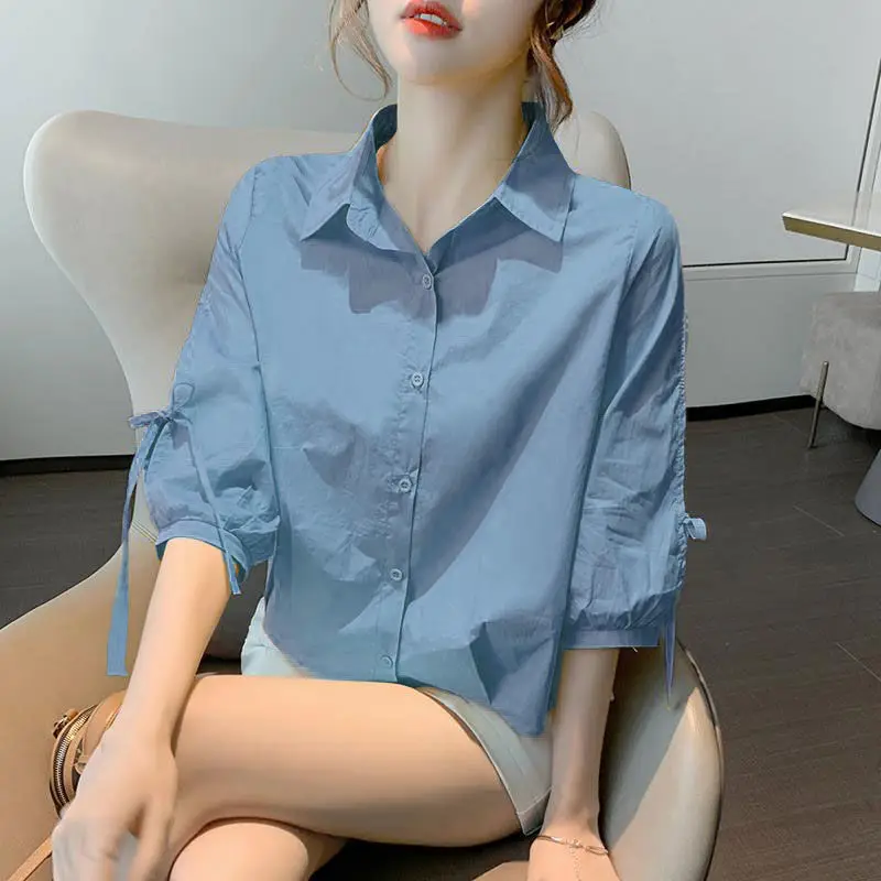 Cotton Lantern Sleeves Women's 2024 Summer New Turndown Collar Spliced Button Fashion Solid Color Loose Lace Middle Sleeve Shirt new half high collar pure cashmere sweater men s pullover middle aged solid diamond jacquard winter warm upscale casual sweater