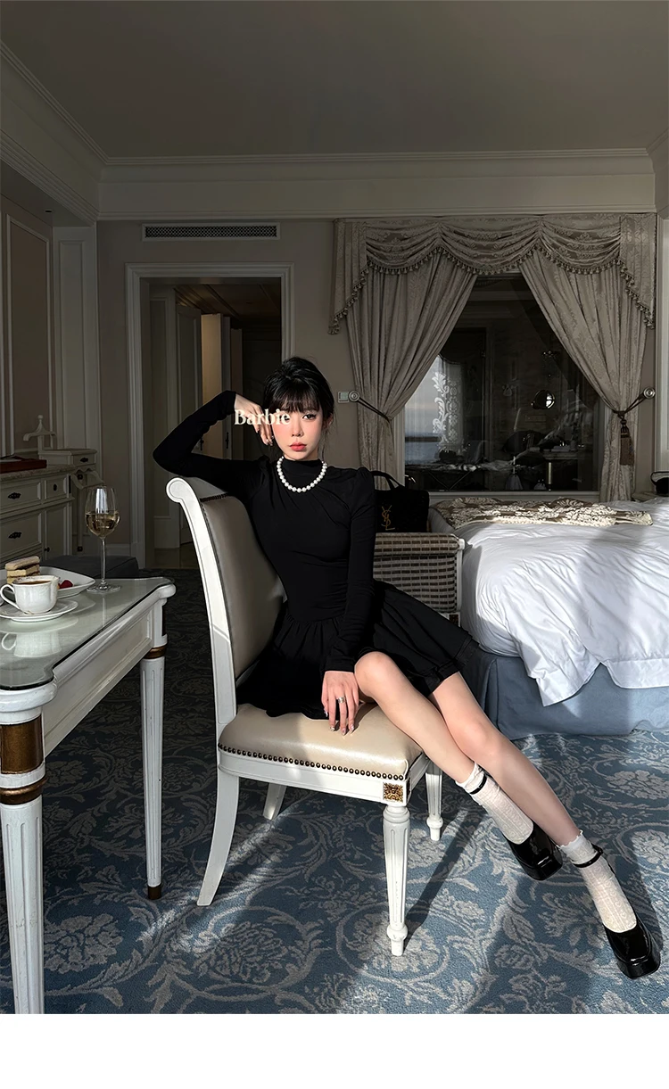 Elegant Solid Knitted Dress Women Long Sleeve Half High Collar A-line Mini Dresses Autumn Winter Birthday Party Vestidos Trend