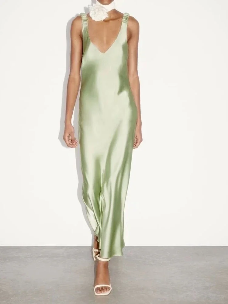 

2023 Summer Women Fashion Strap Dress Sleeveless Solid Satin Strapless Female Elegant Street Party Dresses Vestidos Green Dress