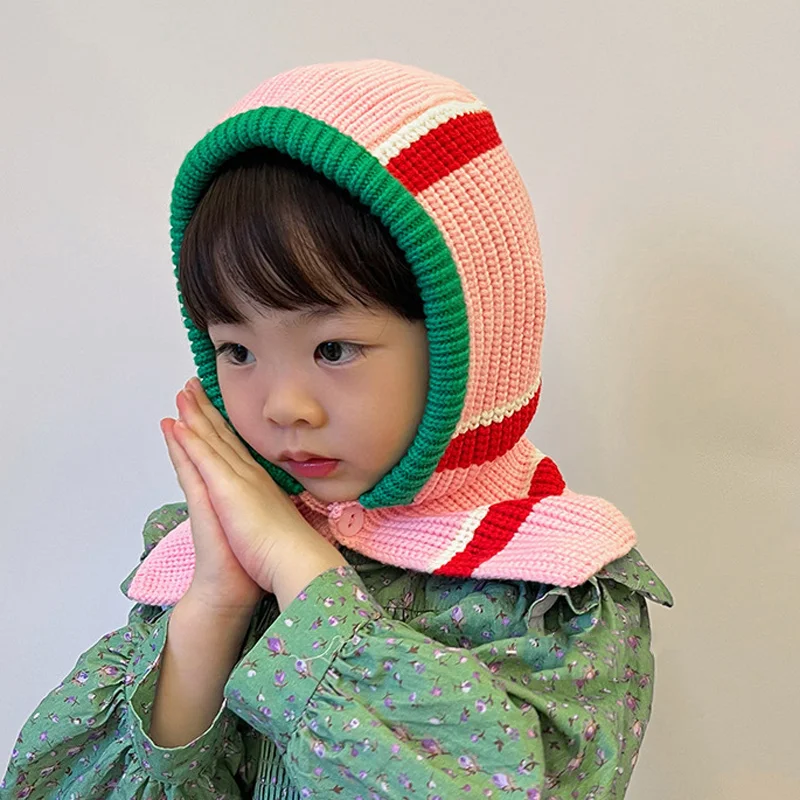 Winter Warm Baby One Piece Scarf Cap 3-6year Kid Ear Protection Knit Hat Korean Stripe Children Balaclava Headgear Hooded Beanie 3