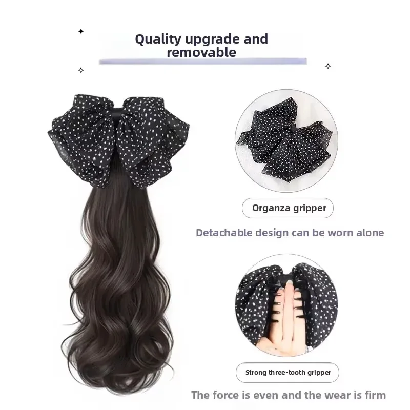 Body Wave Synthetic Claw Clip Ponytail Wig With Grab Clip Sweet Temperament Polka Dot Bow Ponytail Hairpiece For Daily Party Use
