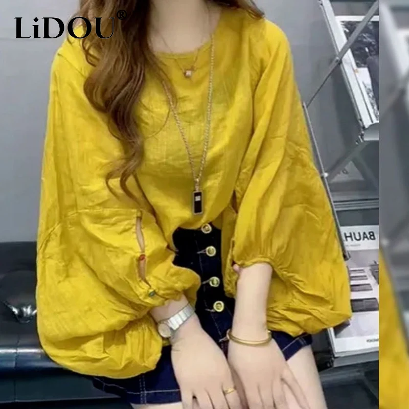 

2023 Spring New Fashion Round Neck Nine Sleeve Blouse Ladies Loose Casual Lantern Sleeve Shirt Solid Color Women's Clothing
