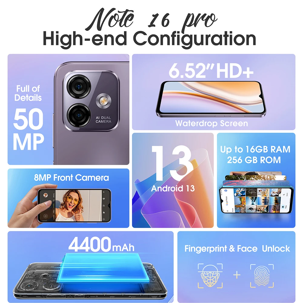 Ulefone Note 16Pro 16GB+256GB Unlocked Phones 50MP Android 13 Smartphone  6.52 - Helia Beer Co