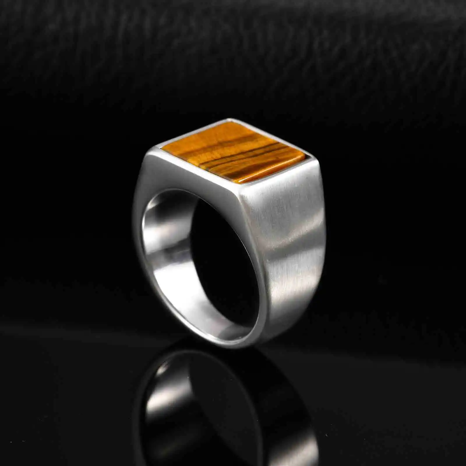 Classic Men's Ring,Natural Tiger Eye Stone Stainless Steel Ring,Waterproof Square Thumb Ring,Party Vintage Jewelry Gift