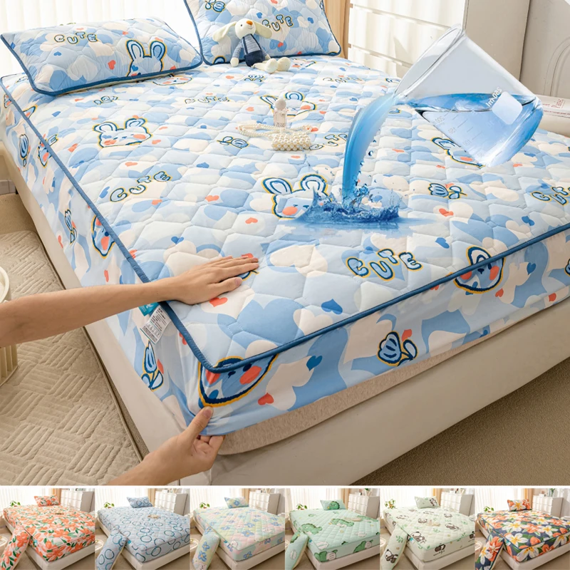 Waterproof Thickened Mattress Cover Cartoon Printed Quilted Mattress Pad Protector Adjustable Fitted Sheet Bed Cover 140/160x200