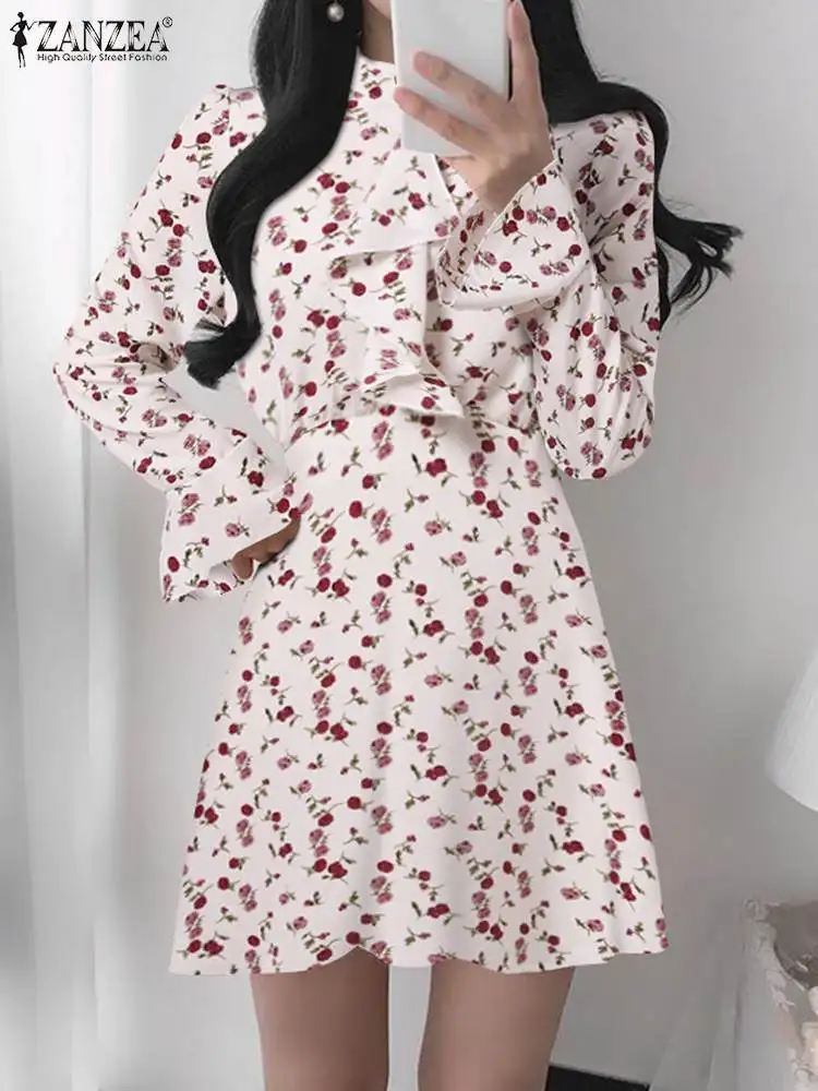 

ZANZEA Fashion Mini Dress Party Floral Print Short Vestido Flare Sleeve A-line Robe Holiday Tie Back Ruffles Women Elegant Dress